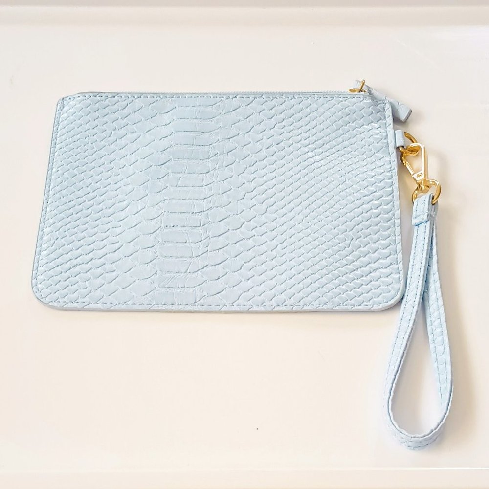 Jules Kae Jen Leather Wristlet Blue Snake Print Clutch Detachable Strap